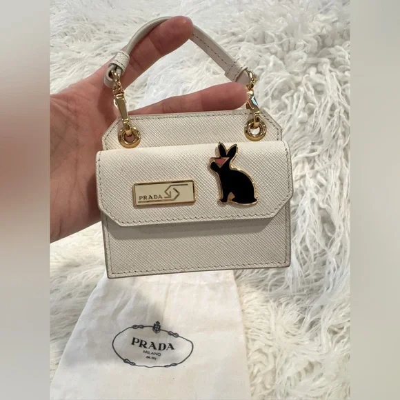 Prada White Mini Bag Saffiano Leather Rabbit Charm AUTHENTIC - Picture 1 of 4